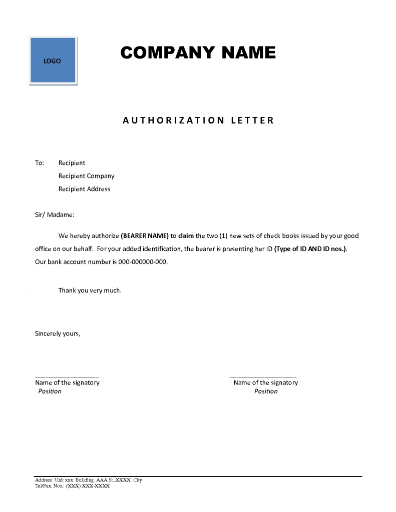 004 Business Authorization Letter Singular Sample For Transaction