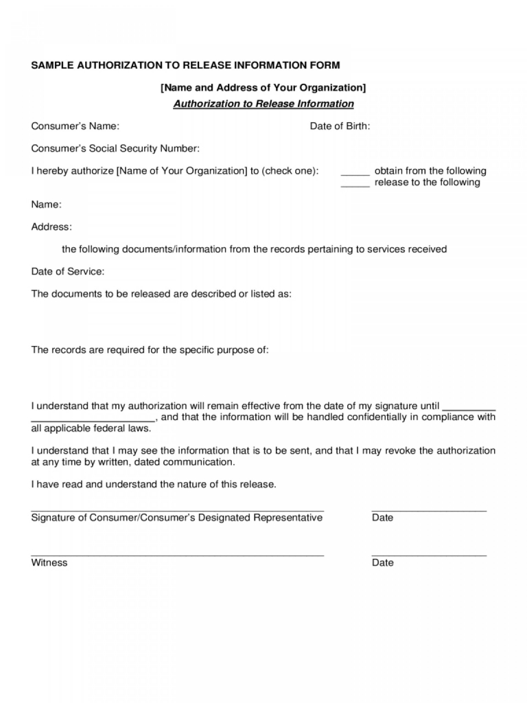 010 Sample Authorization To Release Information Form Of Template
