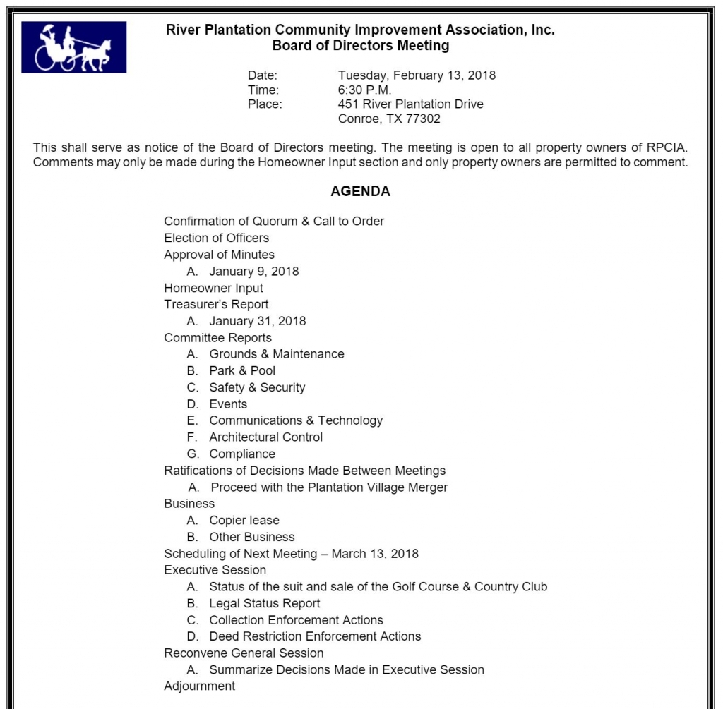 02-13-18 Board Meeting Agenda | River Plantation, Conroe Tx