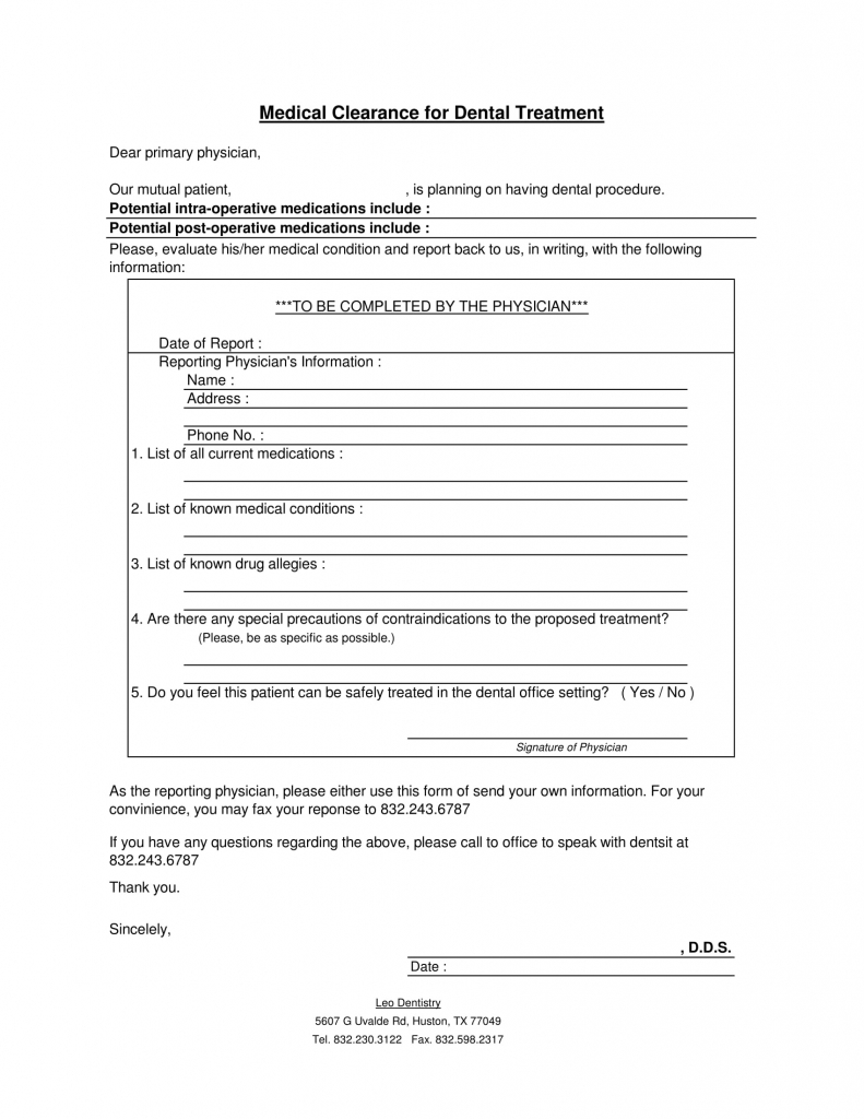 Sample Medical Clearance Forms