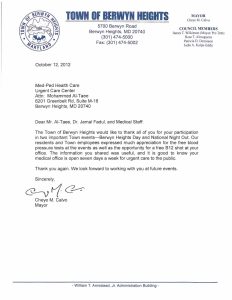 Appreciation Letter Form Berwyn Heights Mayor Thanking Our Team For