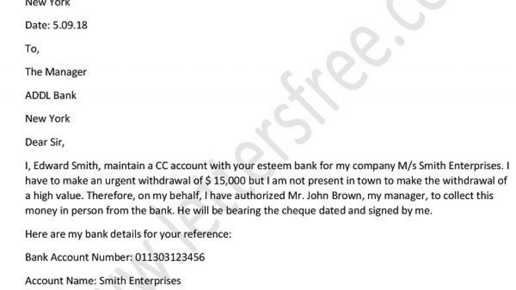 Authorization Letter For Bank Withdrawal