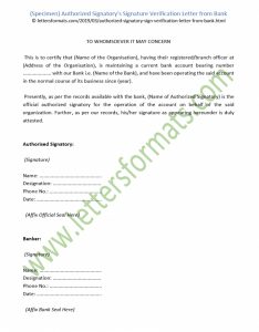 Authorized Signatory's Signature Verification Letter From Bank (Sample)