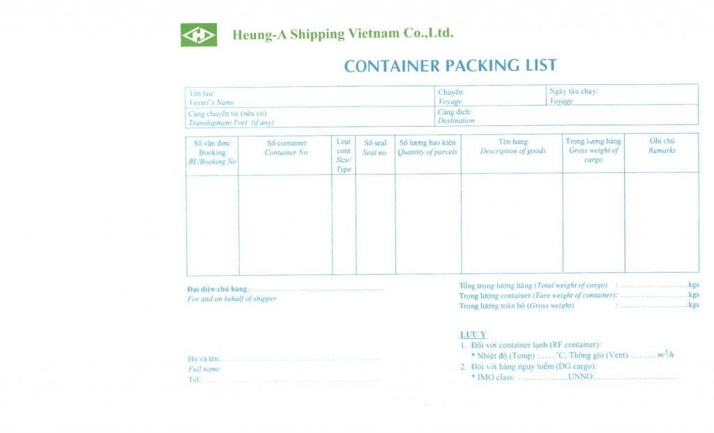 Container Packing List Form En - Thamico