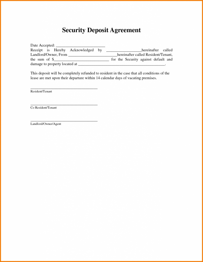 Down Payment Or Security Deposit Agreement Receipt Template Sample