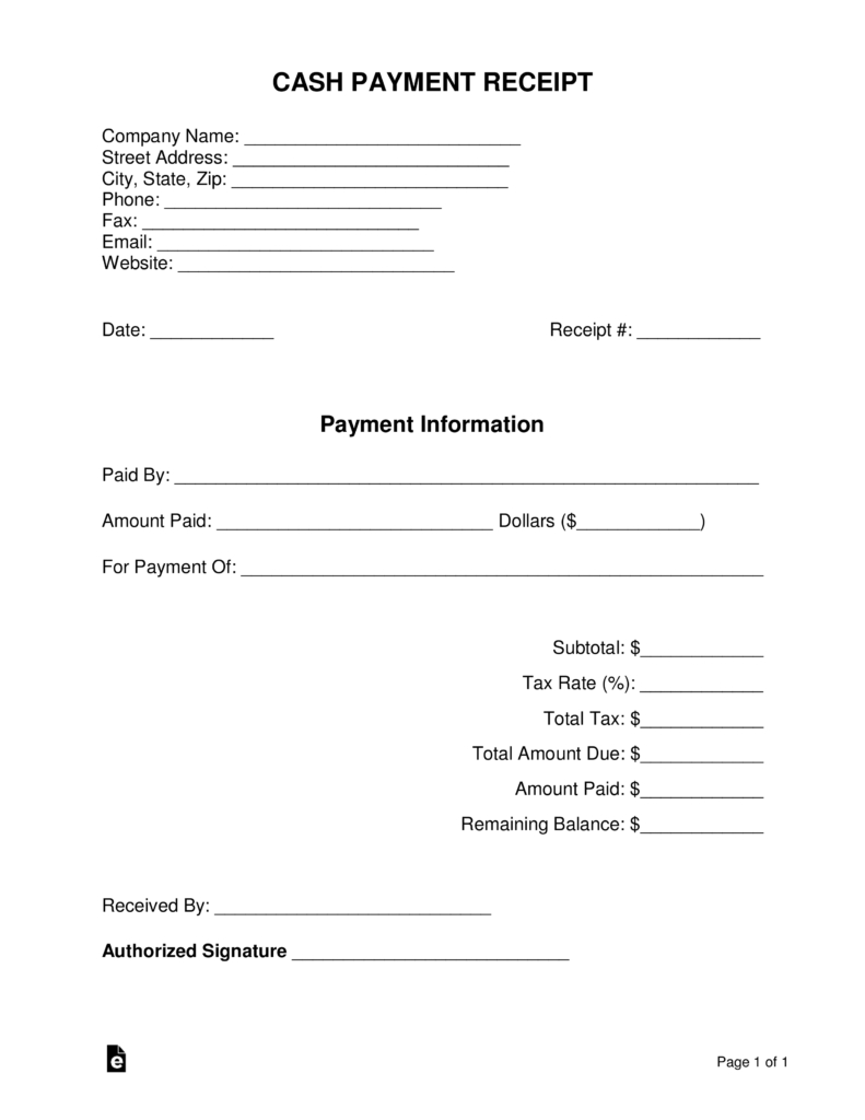 Free Cash Payment Receipt Template - Pdf | Word | Eforms – Free