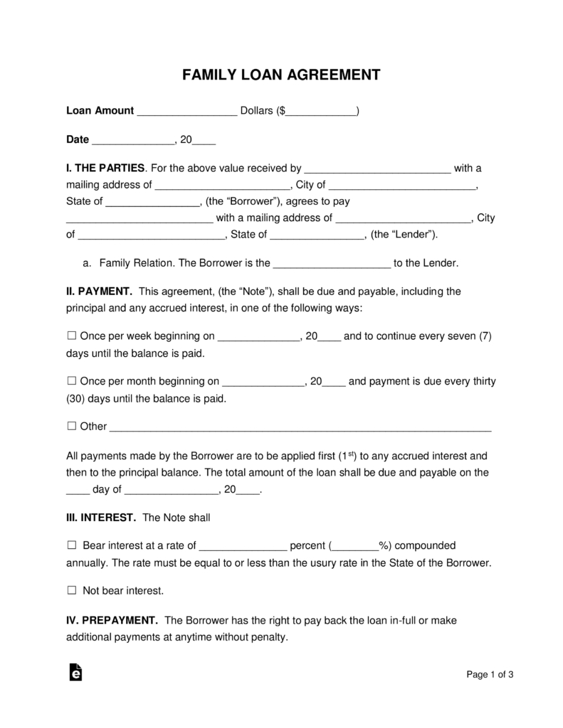 Free Family Loan Agreement Template - Pdf | Word | Eforms – Free