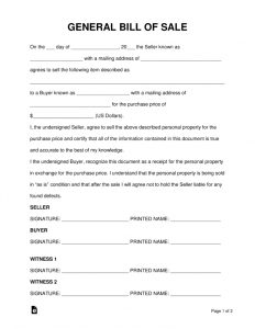 Free General (Personal Property) Bill Of Sale Form - Word | Pdf