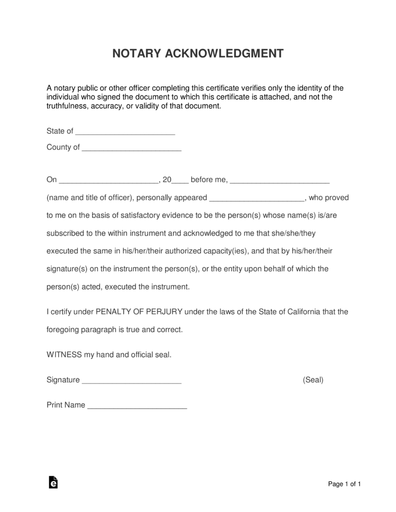 Free Notary Acknowledgment Forms - Pdf | Word | Eforms – Free