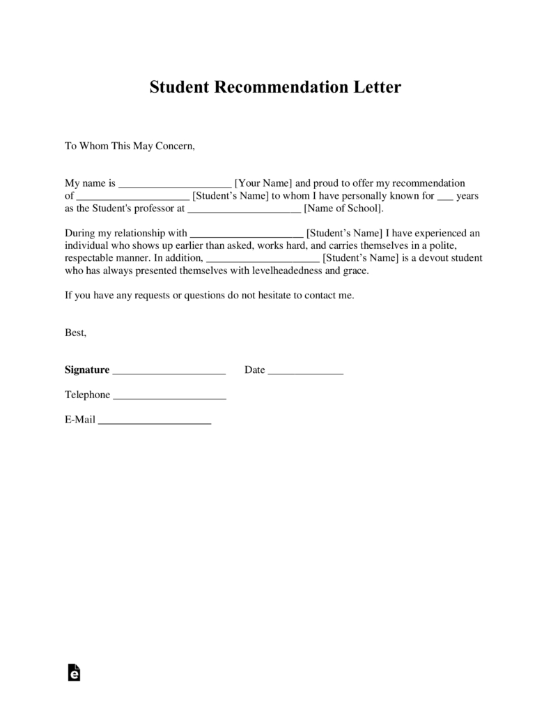 Free Student Recommendation Letter Template - With Samples - Pdf