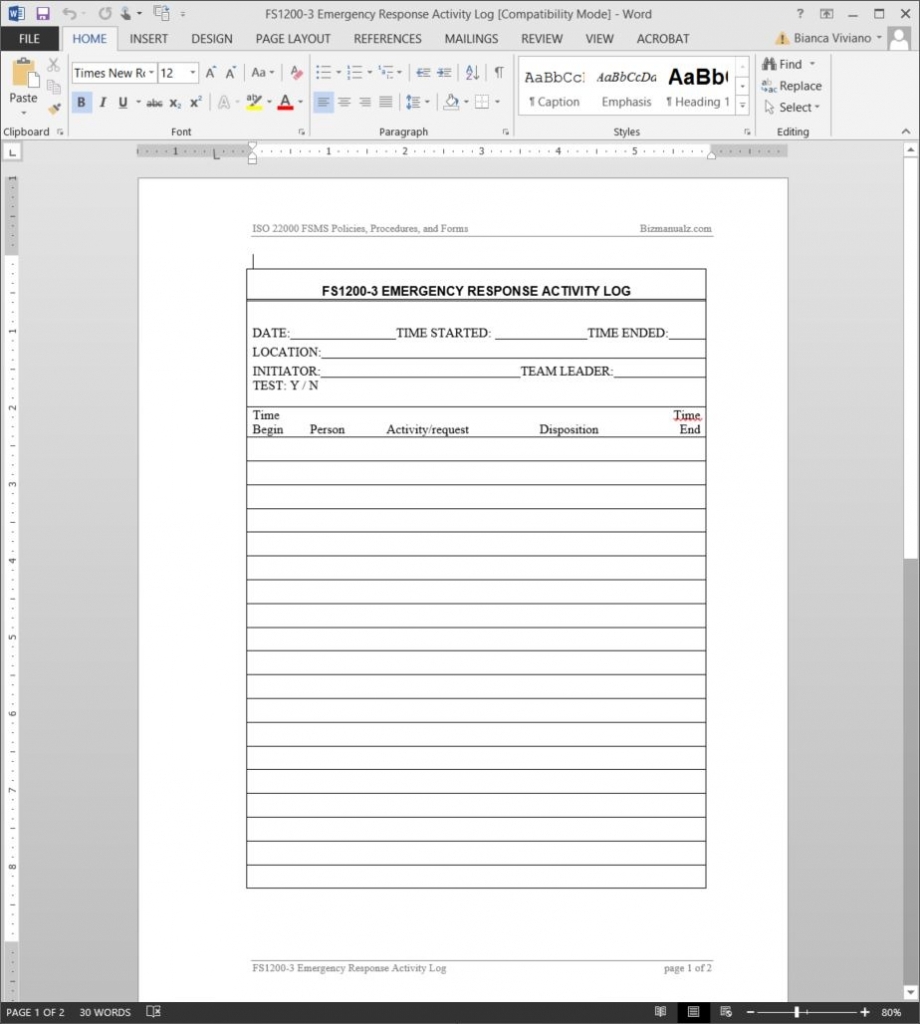 Fsms Emergency Response Activity Log Template | Fds1200-3