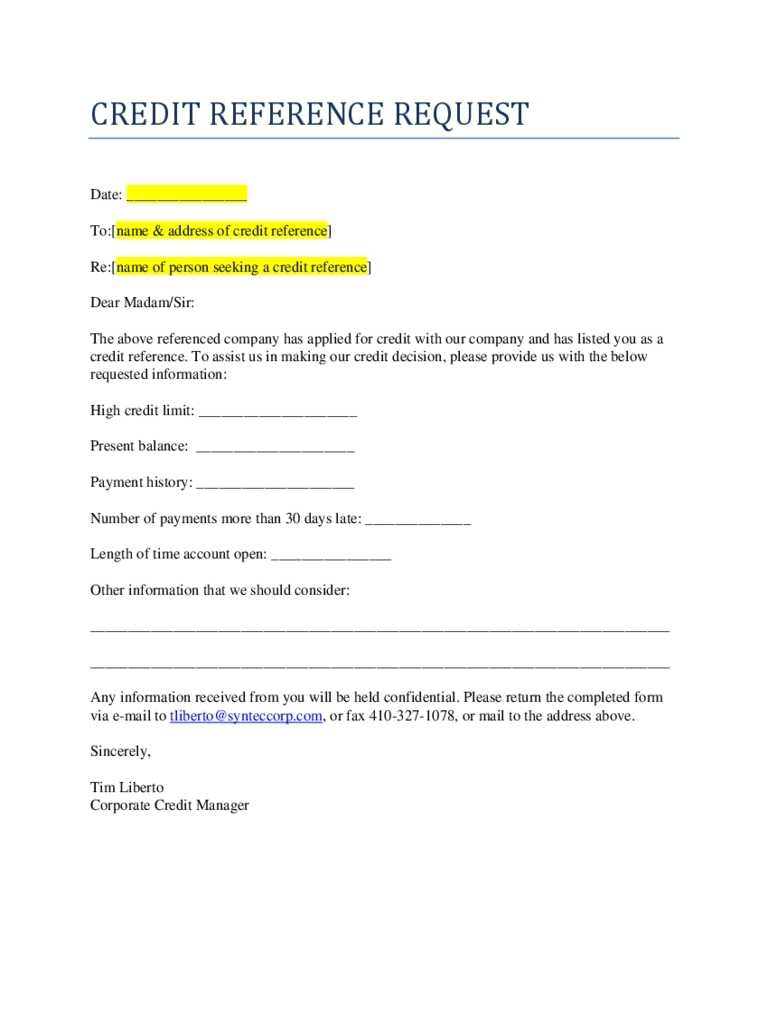 Personal Credit Reference Letter Sample