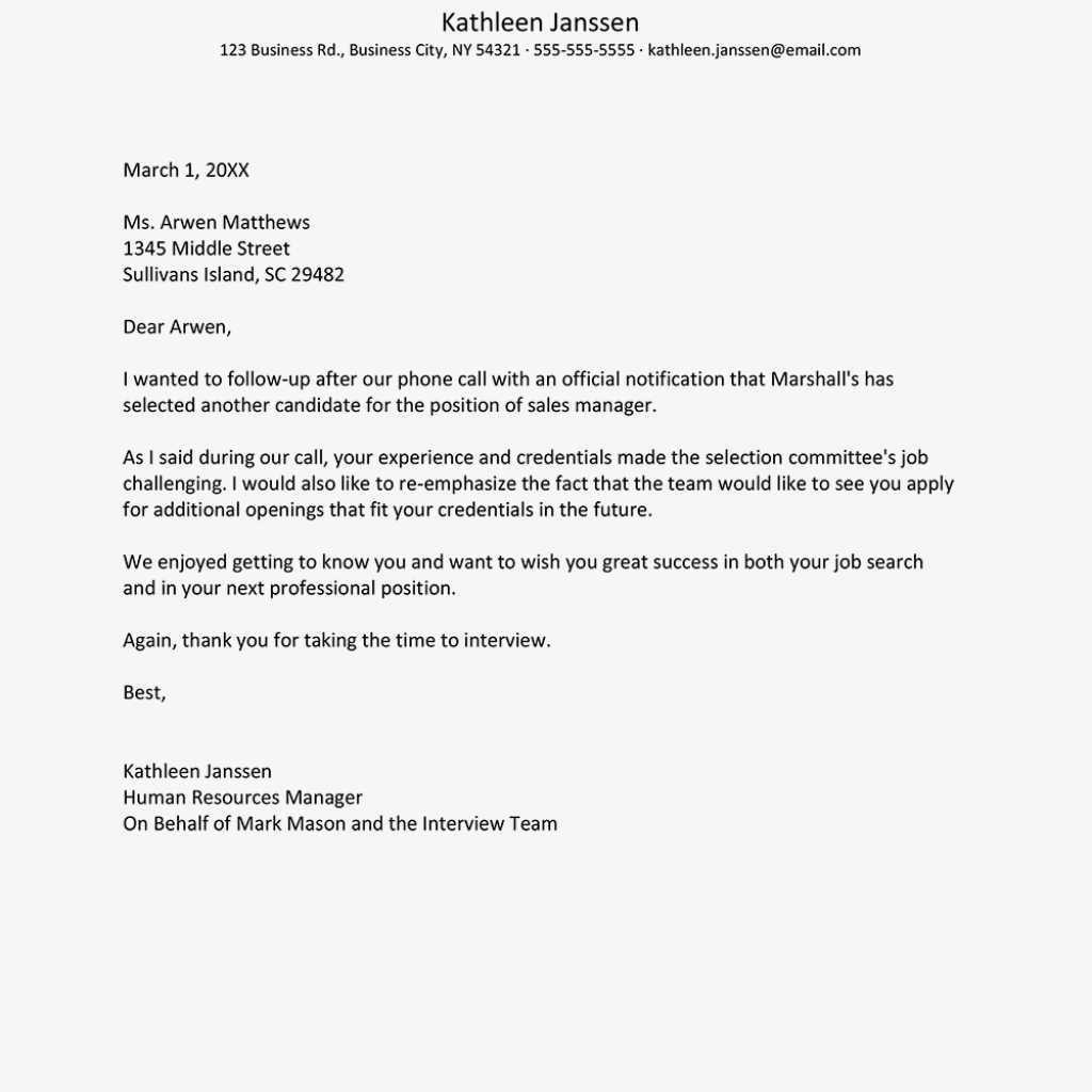 unsuccessful after interview letter template