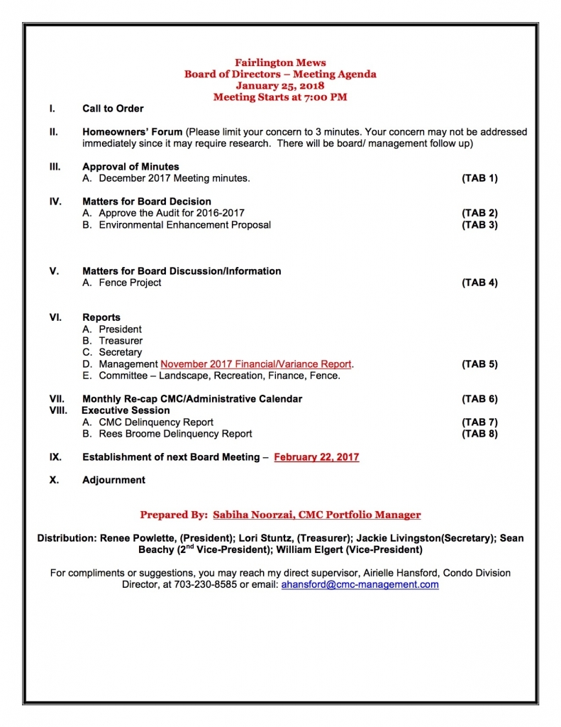 January Board Meeting Agenda – Fairlington Mews