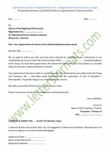 Letter Of Appointment For A Registered Pharmacist In-Charge (Sample)