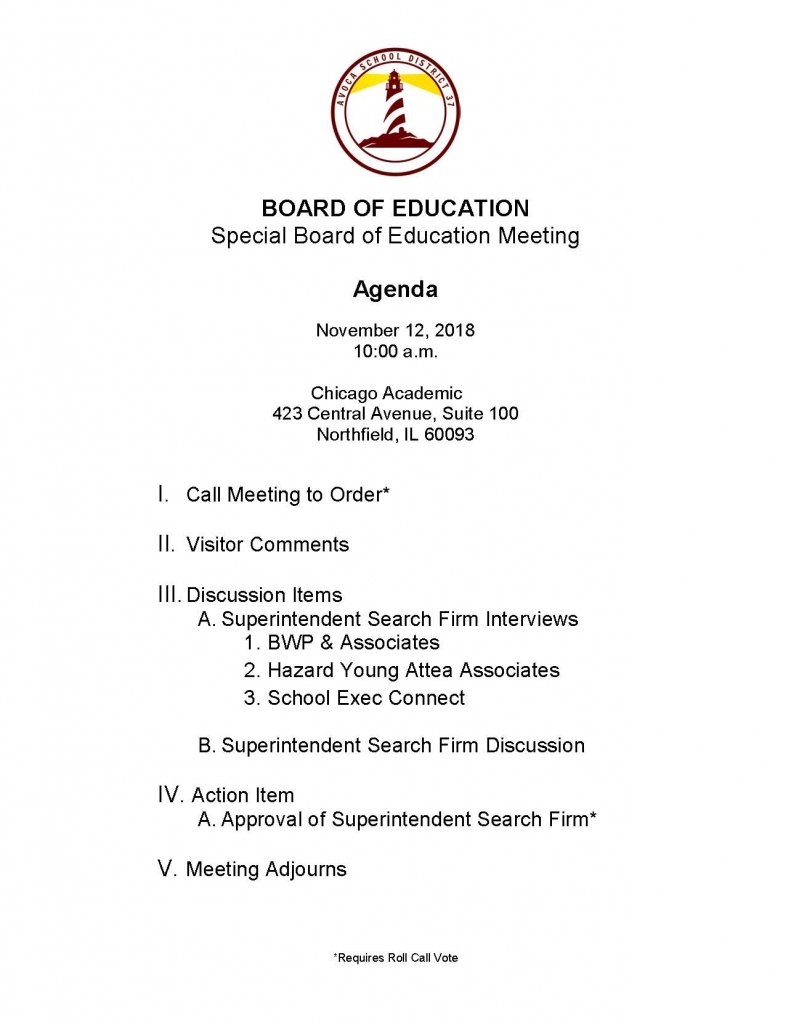 November 12, 2018 Special Board Meeting Agenda - Avoca School