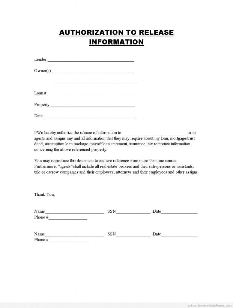 Printable Authorization To Release Information Template 2015