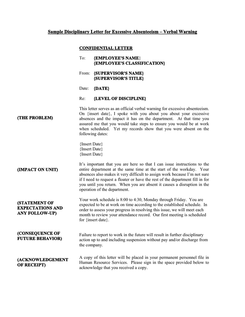 Sample Disciplinary Letter For Excessive Absenteeism – Verbal