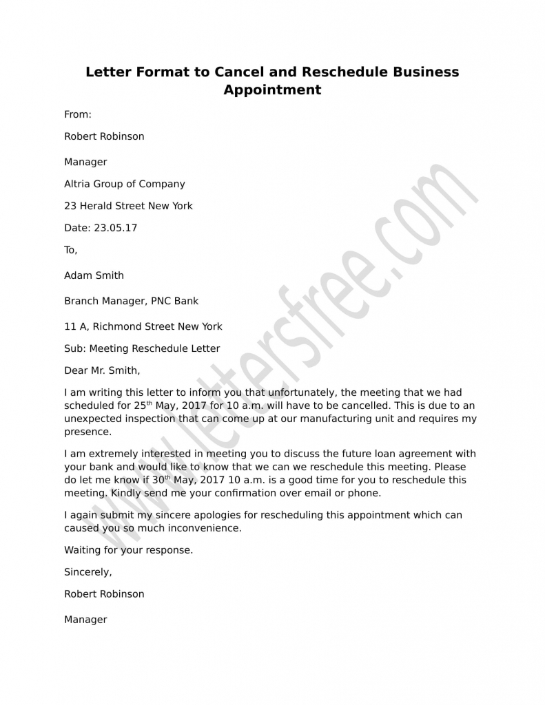 Sample Letter Format To Cancel And Reschedule Business Appointment