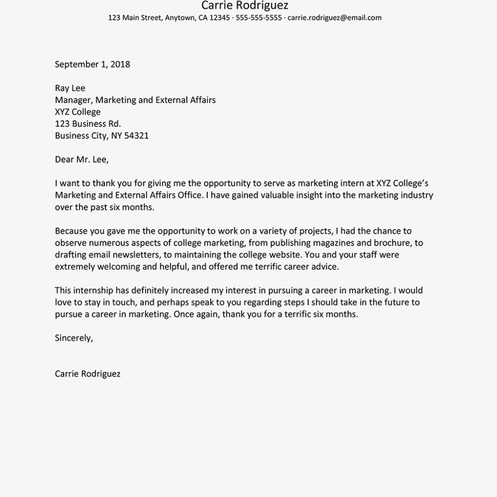 Sample Thank-You Letter For An Internship