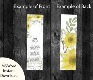 Sunflower Funeral Bookmark Template, Printable Bookmark Template