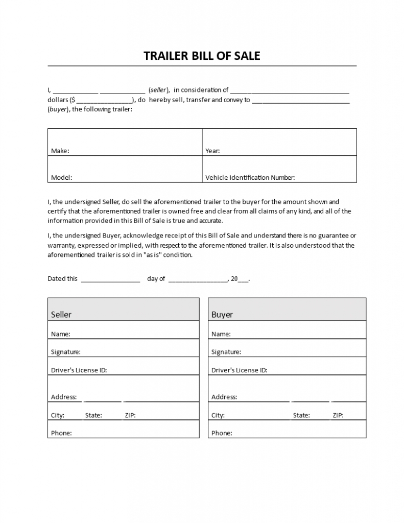 Trailer Bill Of Sale Forms | Template Business Format