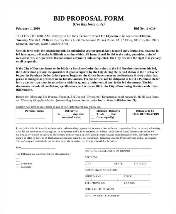 Bid Proposal Form Samples