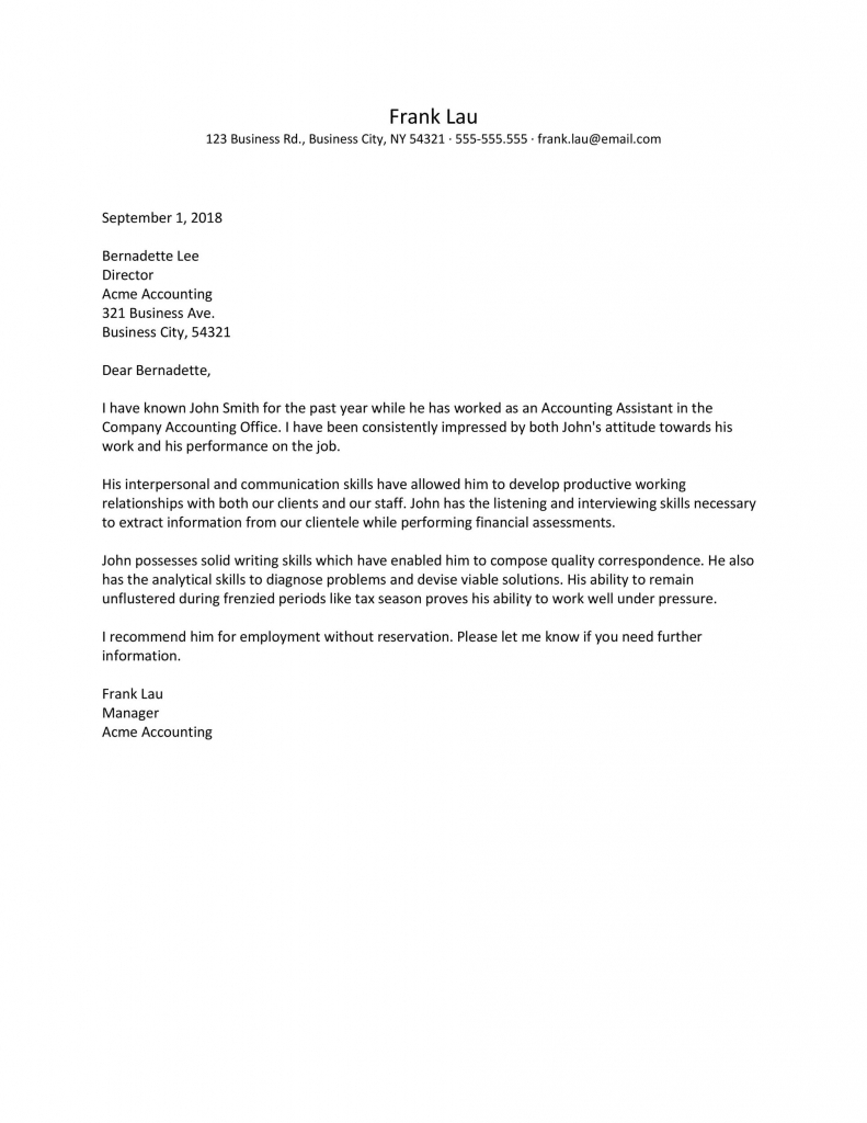 Recommendation Letter For Accountant Employee | Template ...