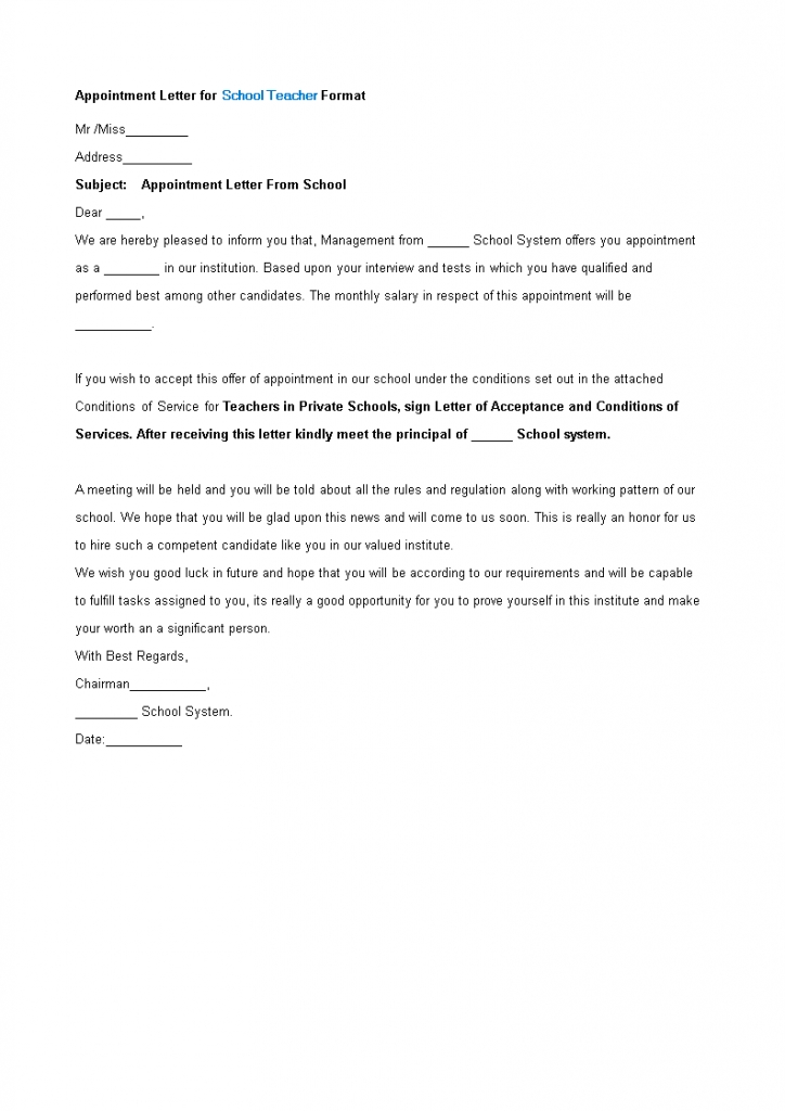 Appointment Letter Format For School Teacher | Templates At